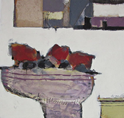Marlies Blauth, Titel: Stillleben 2, 1998, Technik: Collage, Malerei auf Holz, 40 x 43 cm