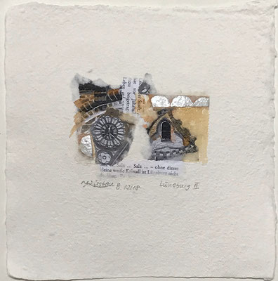 Lüneburg II, Collage auf handgeschöpftem Hadernbütten, Aquarell, 22 x 22 cm, 2018, Preis auf Anfrage