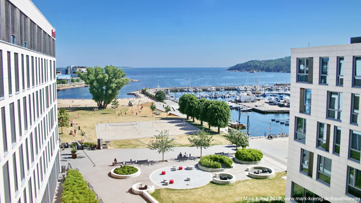 Scenic view from window of room 522 to Kristiansand Bystranda beach park