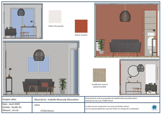 projet 3D salon couleur terracotta; Chinon; Isabelle Mourcely-DécorationDécoratrice UFDI Tours-Chinon 37 Centre Val de Loire