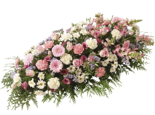 Réf: DSC_3 Raquette composée de fleurettes champêtres roses, blanches et parme Long: 110 cm à partir de 190 €
