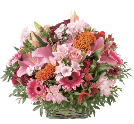Réf: CRB_6 Panier floral de fleurs variées aux tons  rose, fuchsia et orangé  (Ø35 x H.30 cm) à partir de 130 €