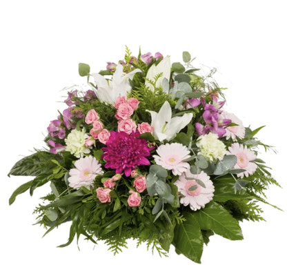 Réf: CRB_11 Coussin rond composé de fleurs de couleur blanche, rose et parme (Ø45 x H.35cm) à partir de 90 €