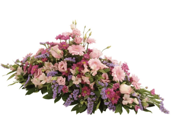 Réf: DSC_1 Raquette composée de fleurs de saison en camaïeu rose et parme Long: 100 cm à partir de 180 €