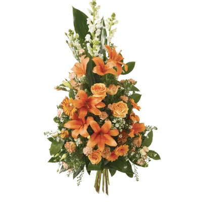 Réf: GRB_5 Gerbe de fleurs variées orange, travaillées dans le sens de la longueur. Long: 70 cm, à partir de 110 €