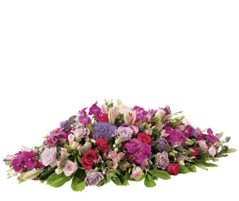 Réf: DSC_5 Raquette composée de fleurs de saison roses, parme, violettes et mauve Long: 130 cm à partir de 350 €