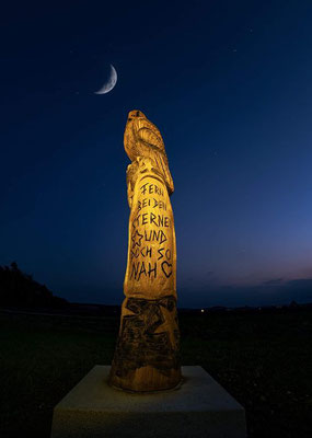 Eine aus Holz geschnitzte Eulenstatuebei Nacht mit Mond