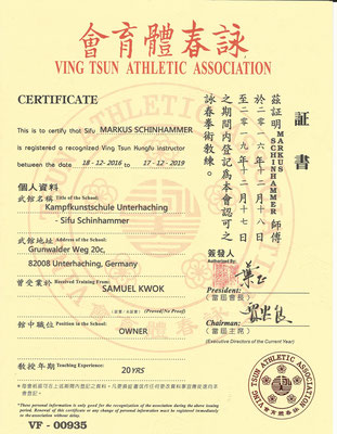 Instruktor Zertifikat VTAA Hongkong