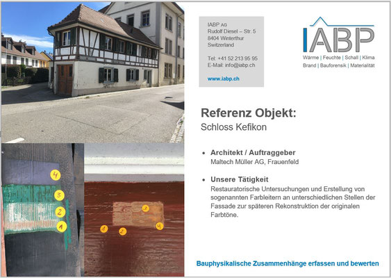 Restauratorische Untersuchungen und Erstellung von sogenannten Farbleitern an unterschiedlichen Stellen der Fassade zur späteren Rekonstruktion der originalen Farbtöne