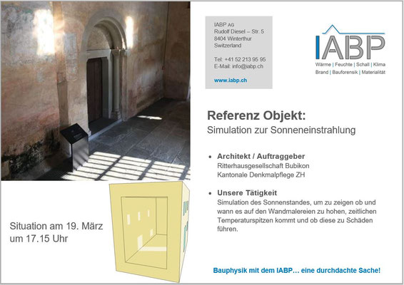 Simulation des Sonnenstands, um zu zeigen ob und wann es auf den Wandmalereien zu hohen, zeitlichen Temperaturspitzen kommt und ob diese zu Schäden führen