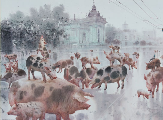Panic at Grand Hotel, watercolor, 53x73cm