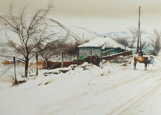 The artist in the village, watercolour, 55x75cm