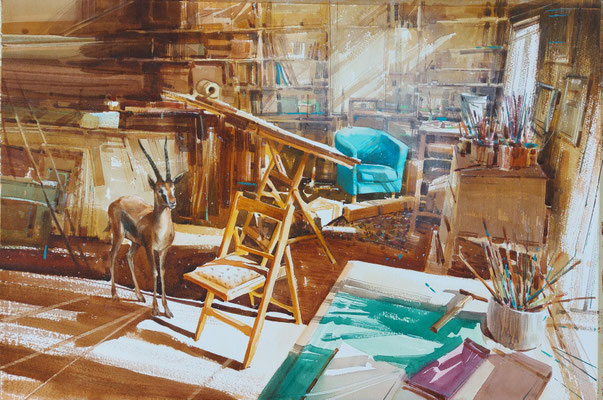 Lost in the studio, watercolour, 53x35cm