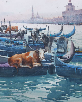 The gondoliers, watercolor, 35x73cm