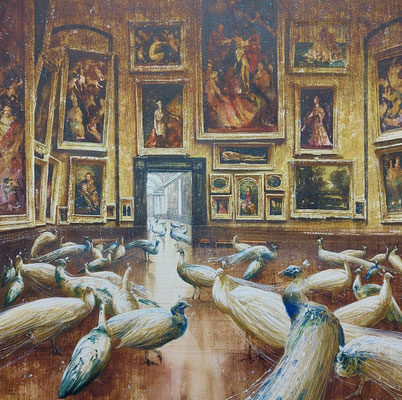 Private View, Louvre, watercolour, 52x52cm