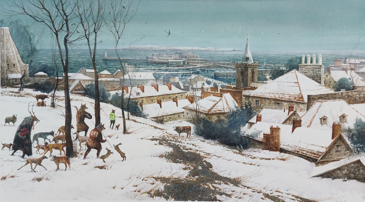 St.Peter Port winter, watercolour, 32x85cm