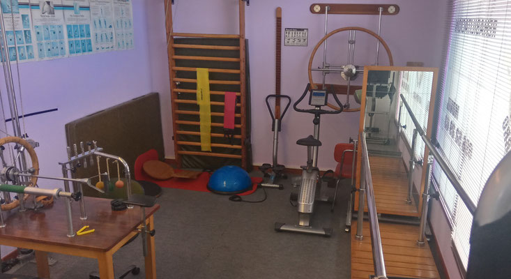 ESPALDERAS, PARALELAS,MATERIAL PROPIOCEPTIVO (PLATILLO BOHELER, BOSSU...), MECANOTERAPIA DE EXTREMIDAD SUPERIOR, THERABAND Y ANILLAS FORTALECIMIENTO, BICICLETA...