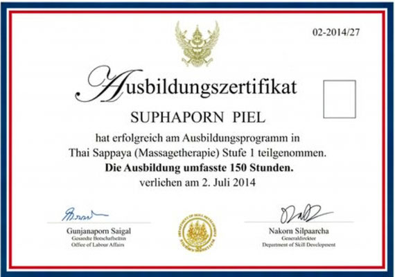 Zertifikat Thai Sappaya Massagetherapie Stufe 1 für Suphaporn Piel