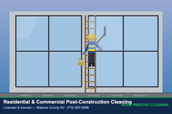 Residential post-construction window cleaning worker on ladder Reno NV