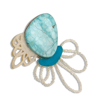 "Links Brooch" Sterling Silver, Turquoise, Resin, Flocking, Pearls.