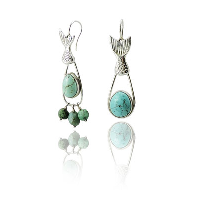 Asymmetric Fish Earrings. Sterling Silver, Turquoise.