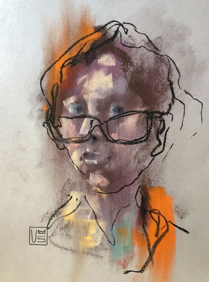 Selbstportrait in Orange, 40 x 30 cm, Pastell