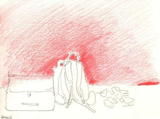 Rucksack vor Rot, 2013, Bleistift und Buntstift, 15 x 21 cm