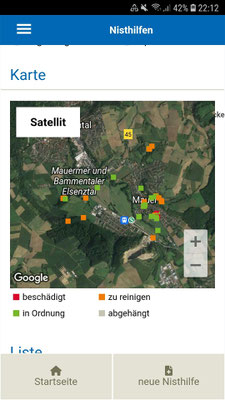 Übersichtskarte mit Standorten der Nisthilfen in der App (Screenshot: H. Budig)