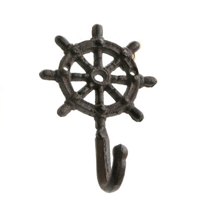 Dunkelbrauner, gusseiserner Kleiderhaken Steuerrad.