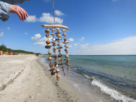 Beispielbild: Nordische Windspiel Hängedeko aus echten Muscheln und Treibhölzern. Aus dem Meer für das Küstendekor!