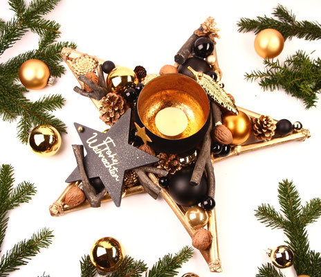 Adventskranz Tischstern mit einem Windlicht in gold-schwarz.