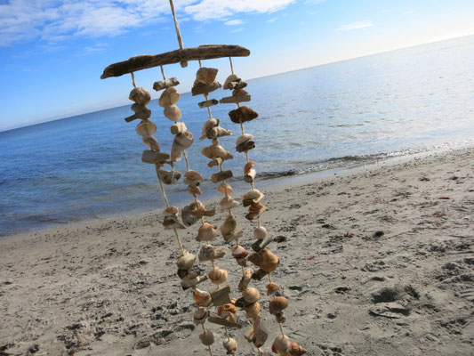 Handgefertigtes Muschel-Klangspiel am Strand fotografiert.