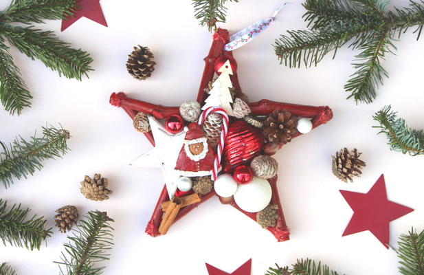 Stern in rot-weiß mit Weihnachtsmann und Zuckerstange.