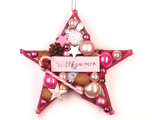 Stern in pink - rosa mit Willkommen Schild und Zuckerstange.