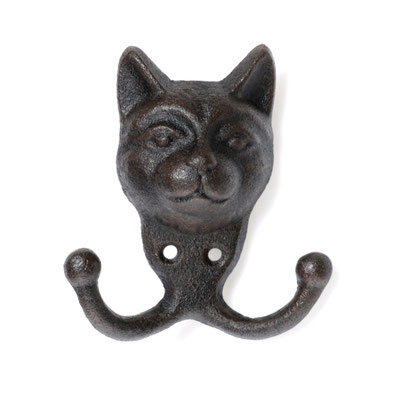Wandhaken Katze (Kopfvariante) aus schwarzem Gusseisen.