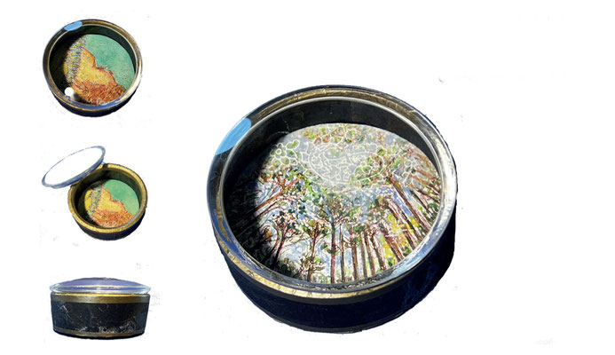 Canopée - Feutre, aquarelle sous loupe dans boîte carton - Diamètre 10cm x H 5cm - 2020