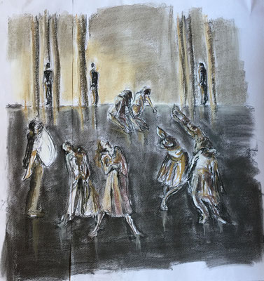 La chute - 2017 - Fusain, pastel sur papier - Inspiré d'un ballet de Anne Teresa De Keersmaeker - 82x85 cm