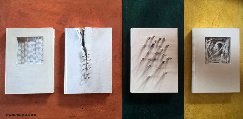 DAS GEHEIMNIS DER BÜCHER - 2015 - Papier, Holz, Ton, Acryl, Öl, Hartfaser - 48 x 96 cm