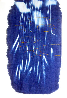 Les reflets - cyanotype sur tissu de coton et lin brodé 74 x 44cm