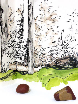 Au fil des pierres 6 - encre de chine, aquarelle, sable, pierres