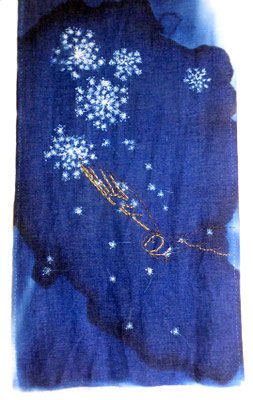 La chouette - cyanotype sur tissu de coton et lin brodé 74 x 44cm
