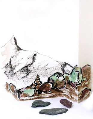 Au fil des pierres 3 - encre de chine, aquarelle, sable, pierres