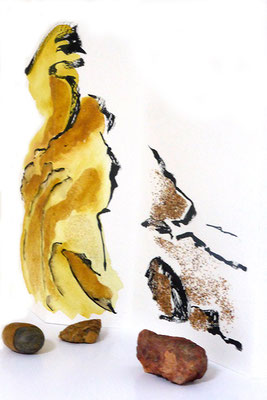 Au fil des pierres 9 - encre de chine, aquarelle, sable, pierres