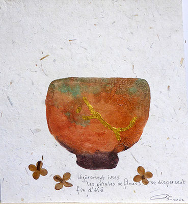1er monotype d'argile et pigments - fleurs sèchées - Haïku