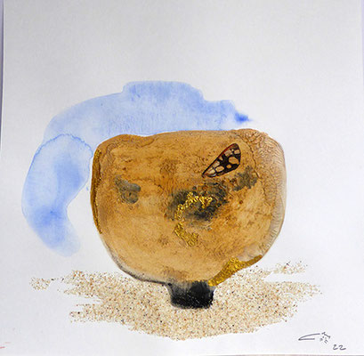 3e monotype d'argile et pigments - sable - aquarelle- papillon sèché