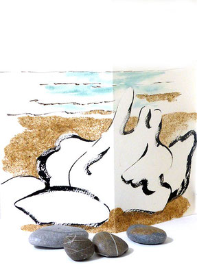 Au fil des pierres 1 - encre de chine, aquarelle, sable, galets