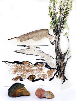 Au fil des pierres 10- encre de chine, aquarelle, sable, pierres