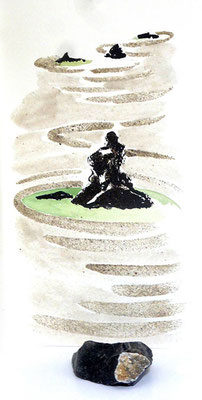 Au fil des pierres 11 - encre de chine, aquarelle, sable, pierres
