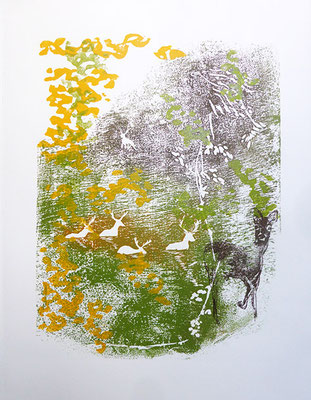 Le bain des cerfs - xylographie sur papier - format 40 x 50 cm - 2022