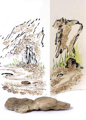 Au fil des pierres 8 - encre de chine, aquarelle, sable, pierres